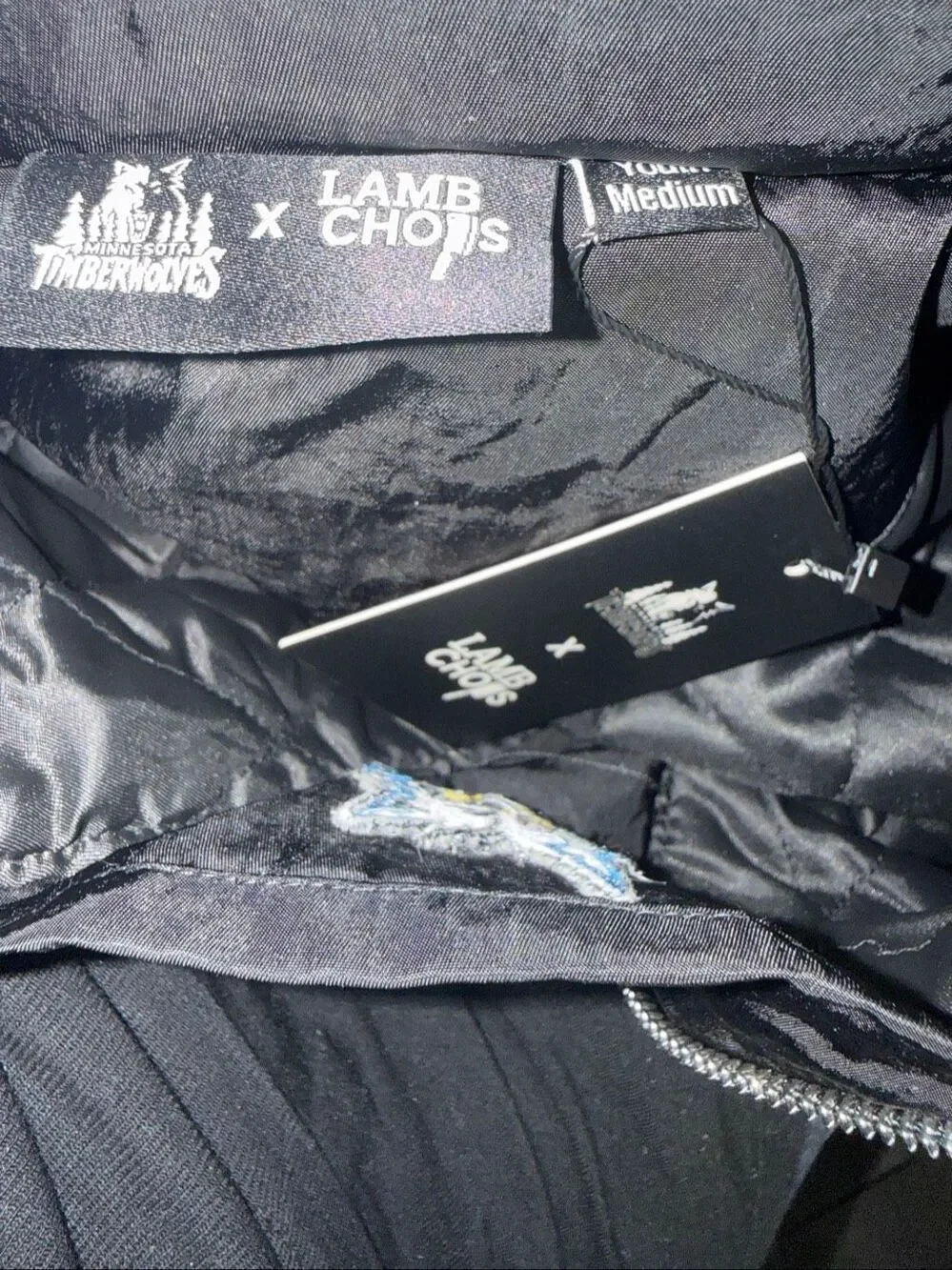 Lamb Chops x Timberwolves Youth Zip Hooded Anorak Jacket Black Blue Medium NWT